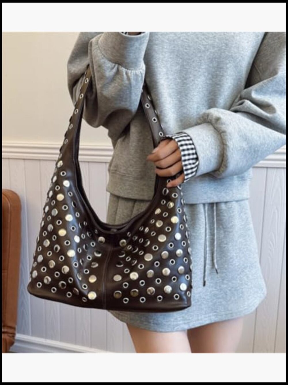 Studded Shoulder Bag Slouchy Hobo Handbag Faux Leather Satchel Purse Trendy - Picture 6 of 7